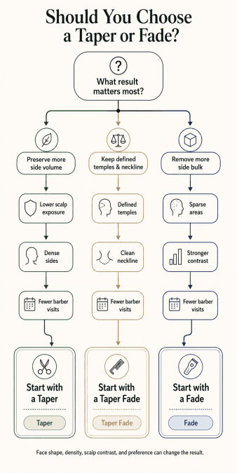 Decision tree selecting a taper, taper fade, or fade by side volume, scalp exposure, density, and maintenance.