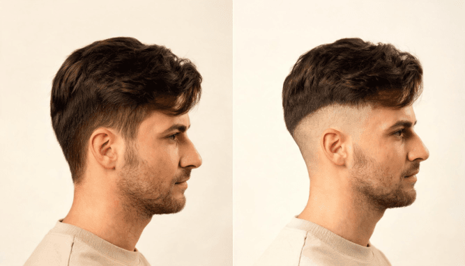 Two men shown from matching side angles, comparing a classic taper with a wider fade.