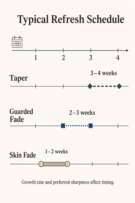 Timeline comparing taper, guarded fade, and skin fade refresh intervals.