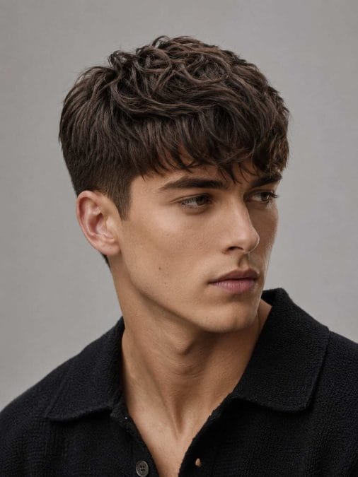 Man with a medium-length tapered fringe haircut featuring textured layers and softly tapered sides.