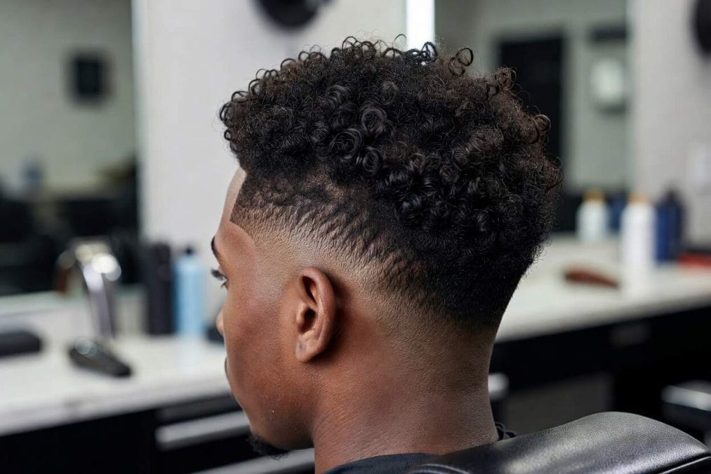 Temple fade with sponge curls and a defined hairline, showcasing textured Haircut Ideas for Black Men.