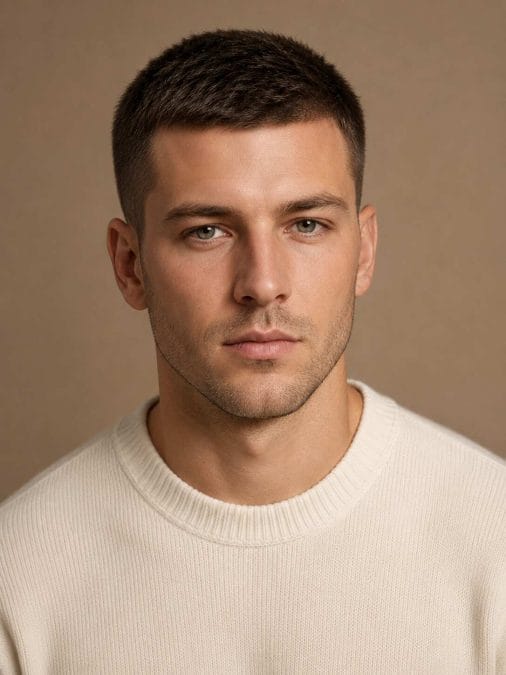 Man with fine hair wearing a short crew cut with light surface texture.