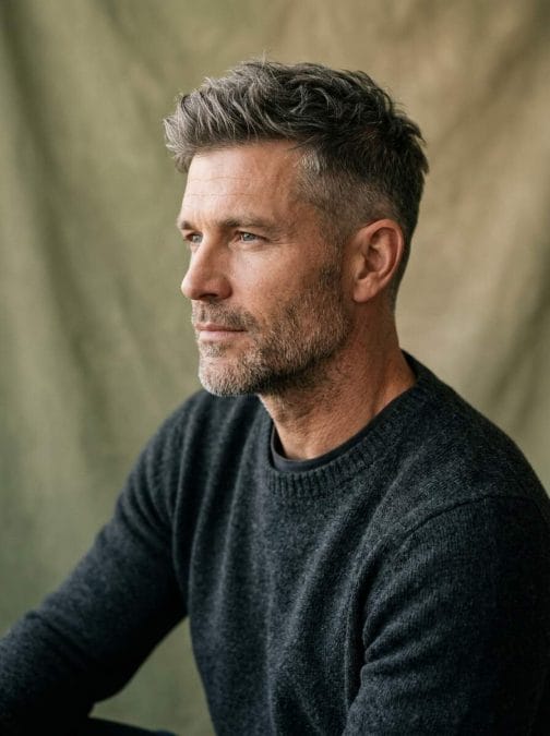 Man over 40 with a textured crew cut and short faded sides.