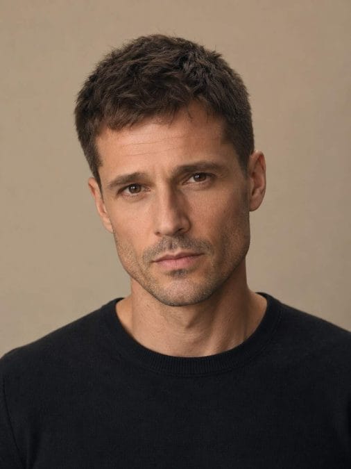 Man with fine hair wearing a short textured crop with softly tapered sides.