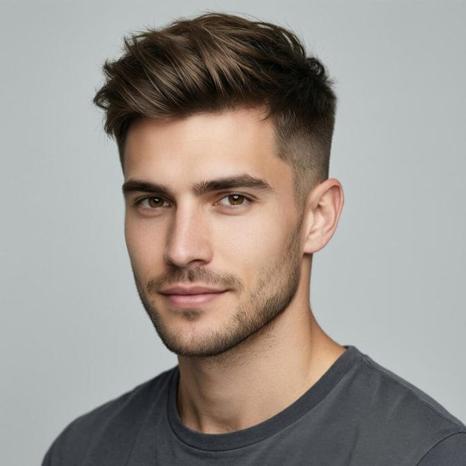 Textured crop with short sides and a messy top that adds movement to straight hair.