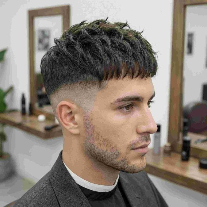 Textured crop hairstyle for men with a short fringe and faded sides.