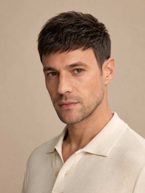 Man with fine hair wearing a compact textured fringe over the frontal corners.