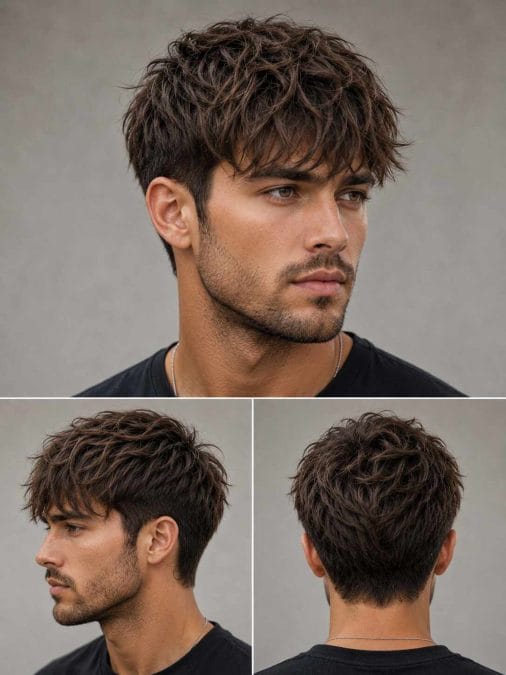 Man with a medium-length tapered fringe haircut featuring textured layers and softly tapered sides.