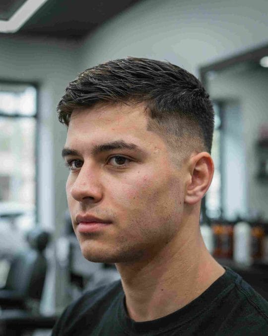 Man with a textured crew cut that adds movement to short hair.