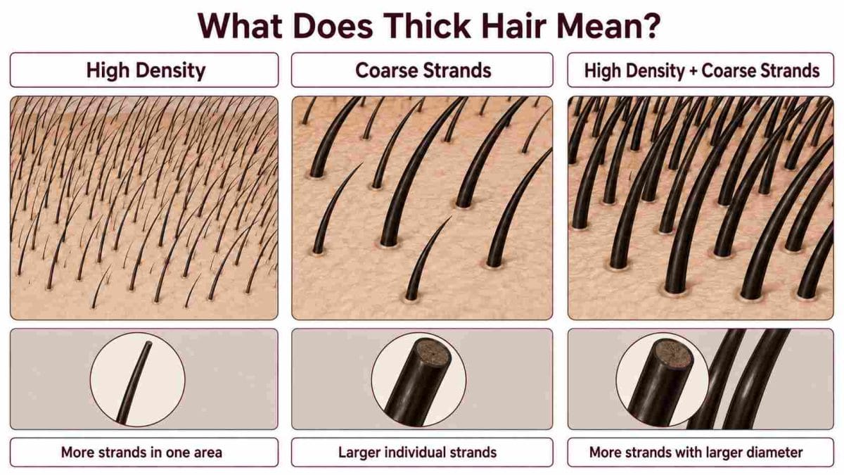 Comparison of high hair density, coarse strands, and hair combining both characteristics.