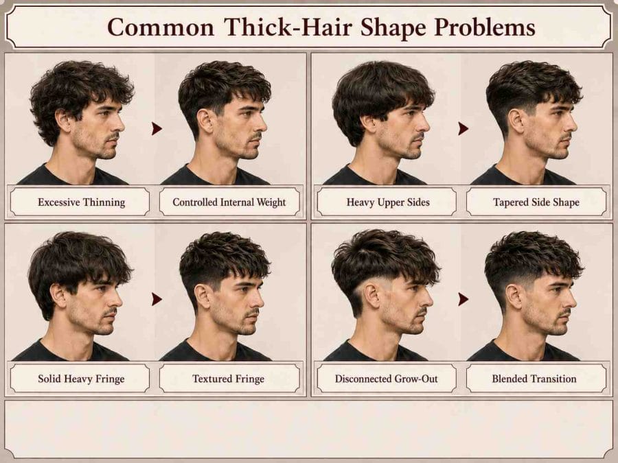 Comparisons of excessive thinning, heavy sides, solid fringes, and unblended undercut growth with controlled alternatives.