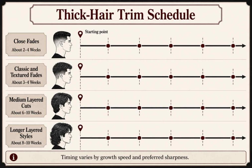 Starting trim ranges for close fades, textured fades, medium layers, and longer layered haircuts.
