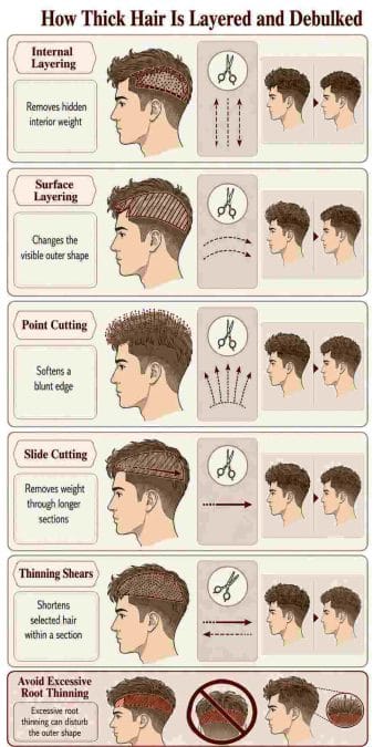 Diagram comparing internal layers, surface layers, point cutting, slide cutting, and thinning shears.