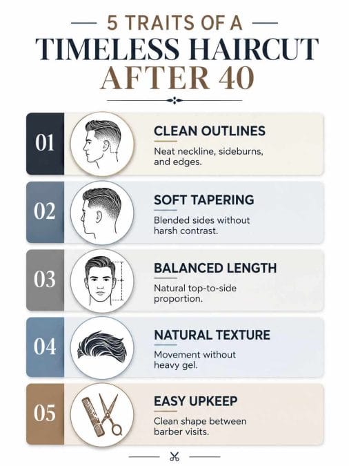 Infographic showing 5 traits of a timeless haircut after 40.