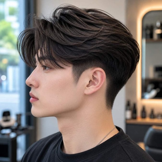 Two block haircut for straight hair with a longer top and shorter sides for contrast and texture.