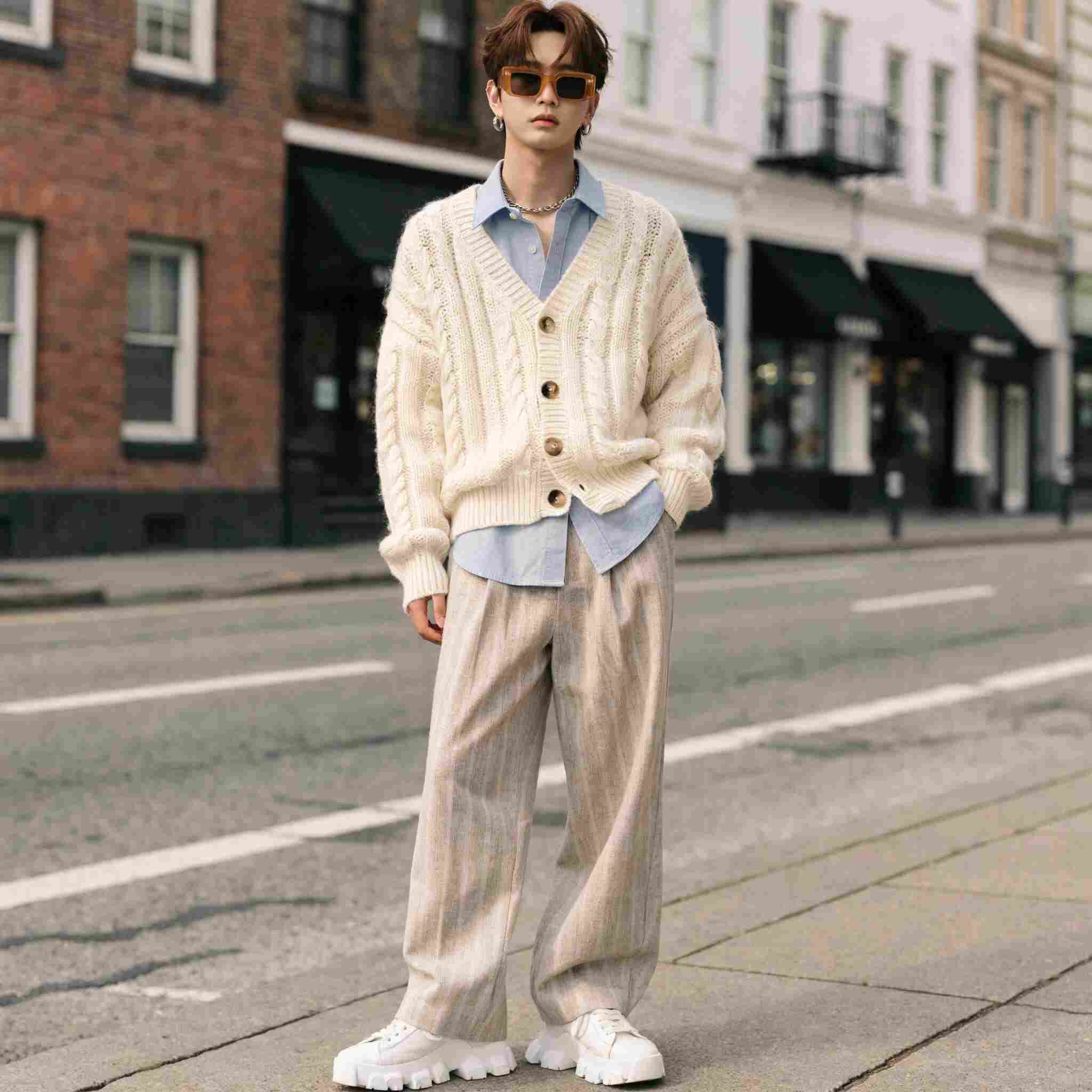 Young man wearing an Ulzzang-inspired outfit creating a relaxed Korean street-style look.