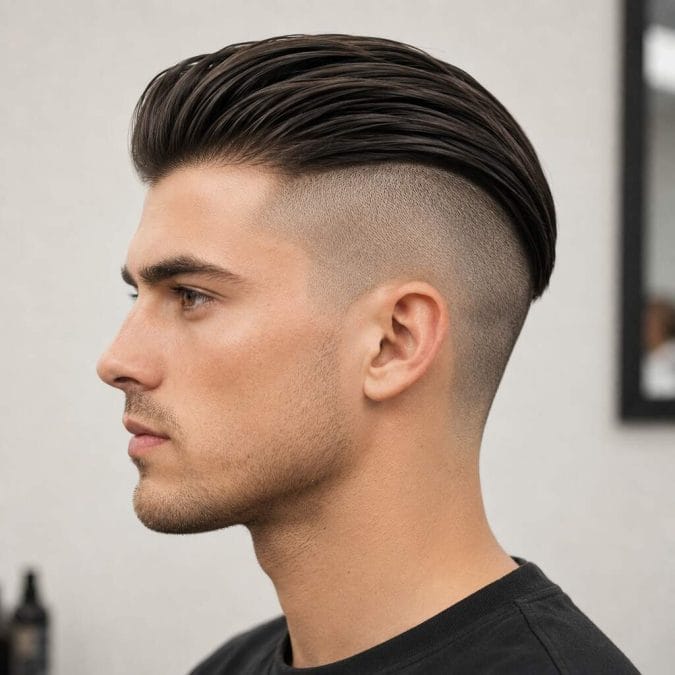 Undercut hairstyle for straight hair with a longer top separated from short sides.