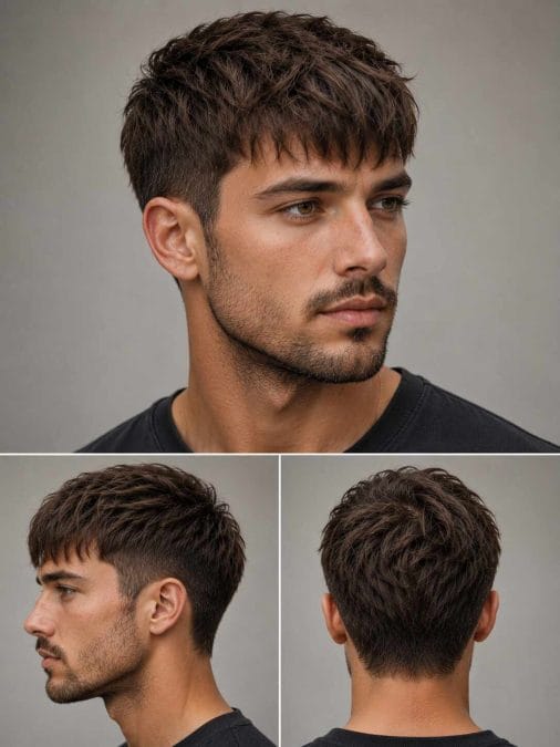 Man with an updated Caesar-inspired medium hairstyle featuring textured fringe and softly tapered sides.