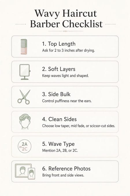 Infographic checklist showing what men can ask their barber for when getting a wavy haircut.