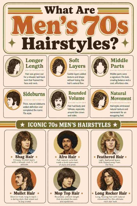 Illustrated guide showing the defining features and iconic styles of men’s 70s hairstyles.