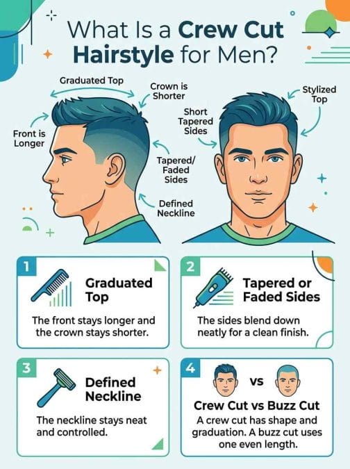 Infographic explaining the main parts of a crew cut hairstyle for men.