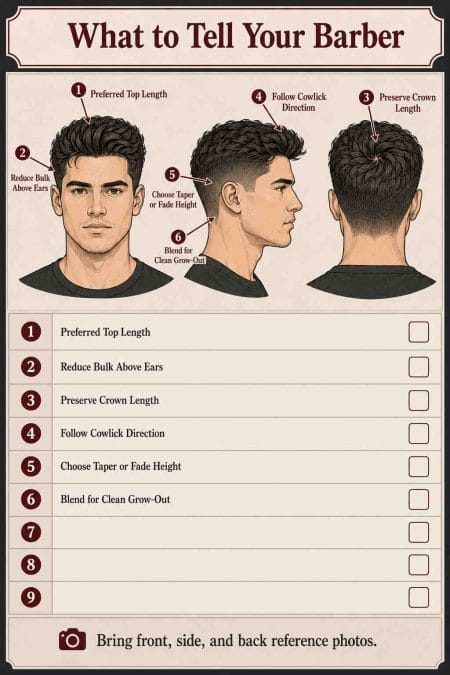 Barber checklist marking the crown, temples, hair above the ears, neckline, top length, and taper height.