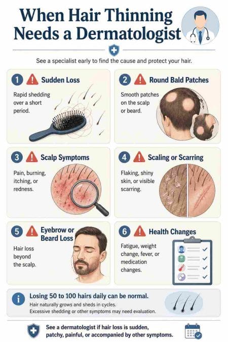 Infographic showing 6 warning signs that hair thinning may require a dermatologist, including sudden loss, bald patches, and scalp irritation.