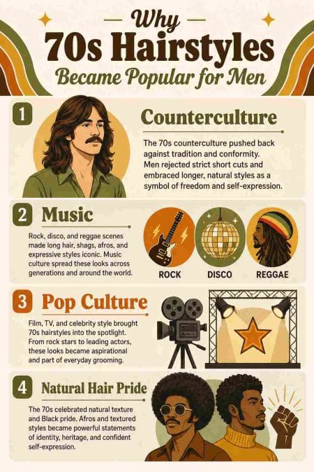 Illustrated infographic explaining how counterculture, music, pop culture, and natural hair pride shaped men’s 70s hairstyles.
