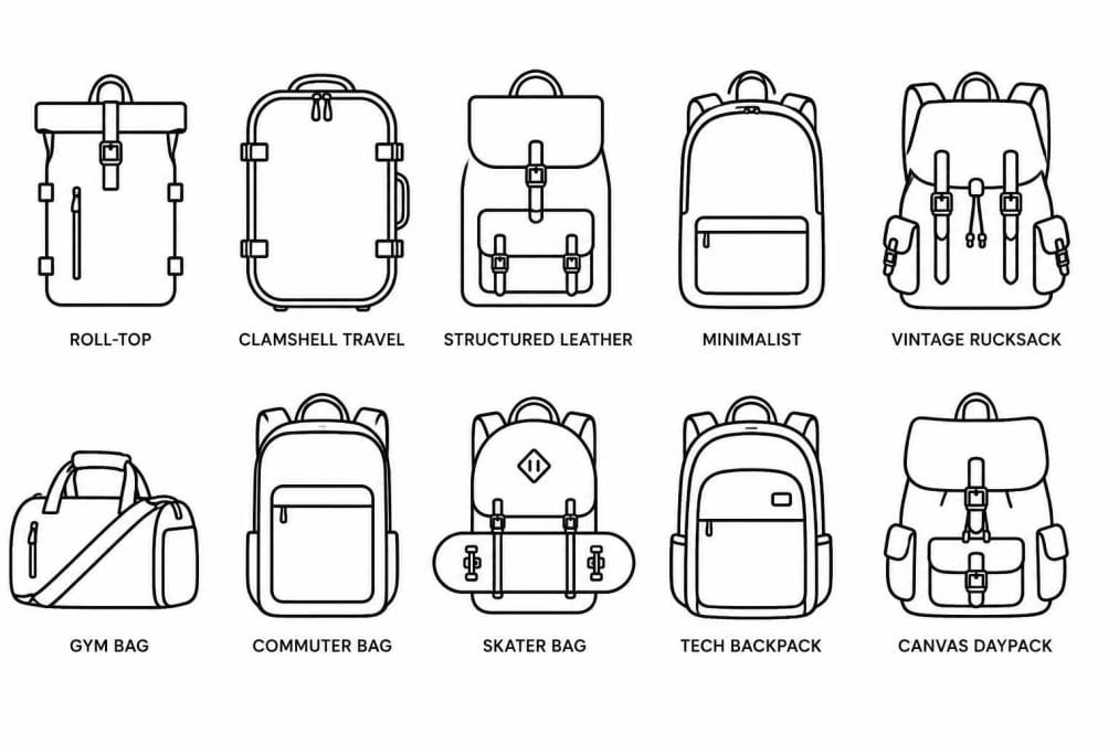Grid of 10 men's backpack types including leather, minimalist, canvas, tech, commuter, travel, roll-top, gym hybrid, vintage leather, and street backpacks with use-case labels.