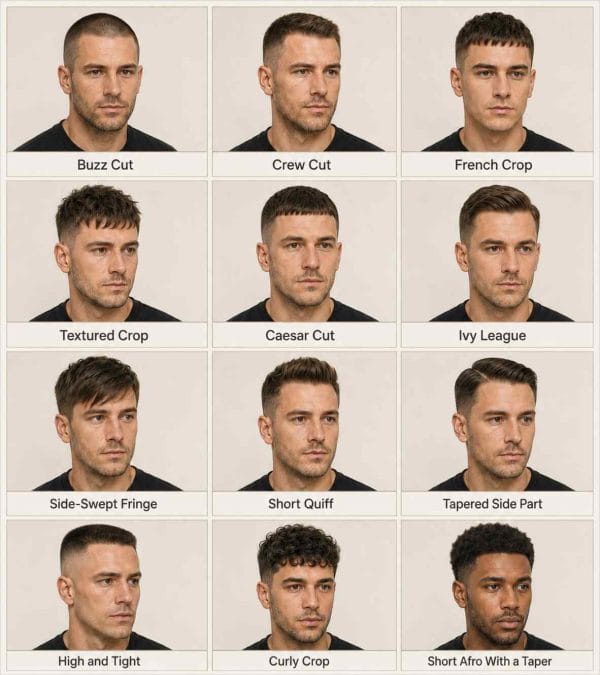 Twelve haircuts compared by top shape, fringe direction, and side length