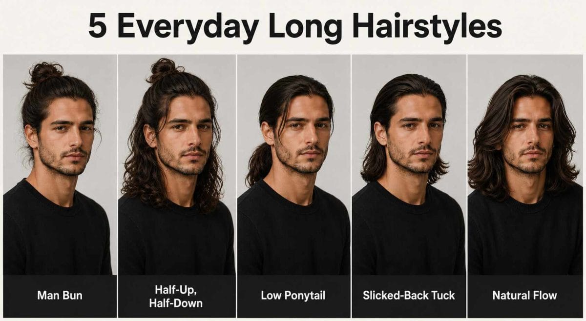 Comparison of 5 long hairstyles for men: man bun, half-up, low ponytail, slicked-back tuck, and natural flow