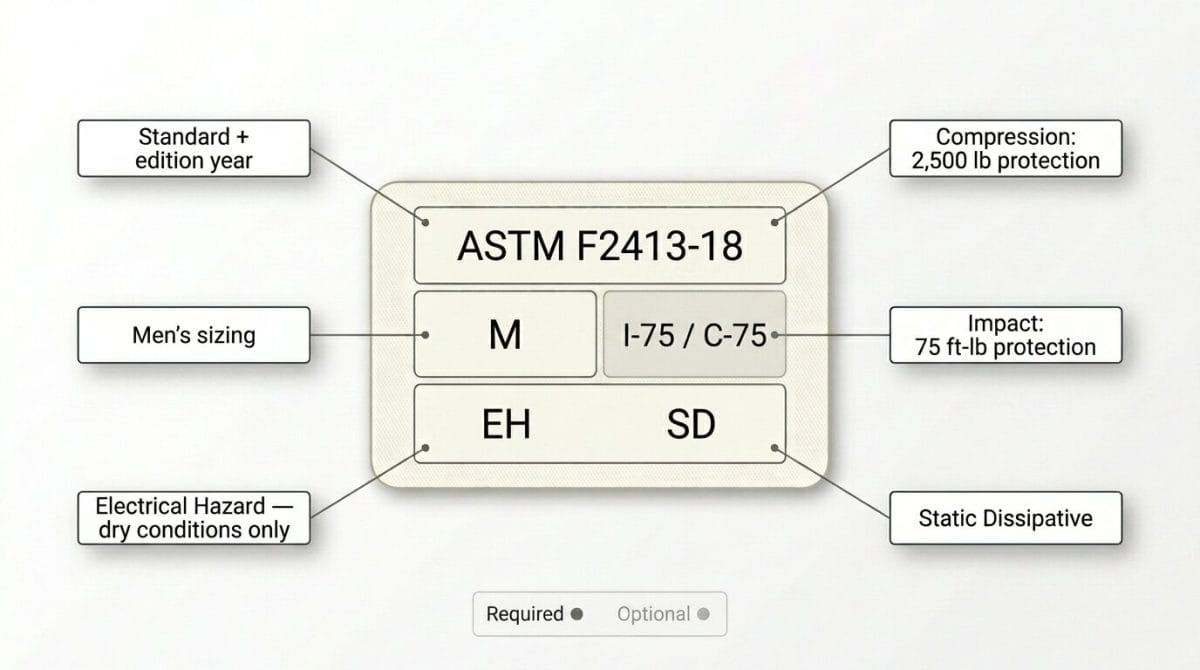 Illustrative ASTM F2413 safety footwear label showing impact rating I/75, compression rating C/75, EH and SD designations, with annotations explaining each marking.