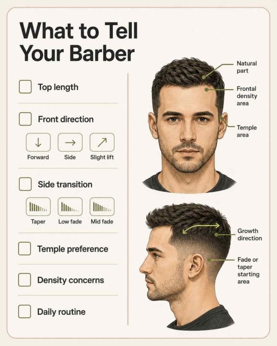Barber checklist covering top length, front direction, side transition, density, and styling routine