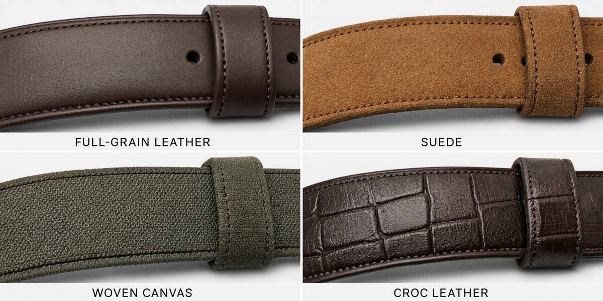 Close-up texture comparison of full-grain leather, suede, woven, and embossed croc belt materials.