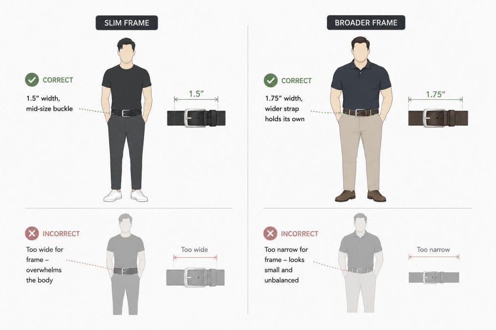 Diagram showing how belt width and buckle size should scale to slim and broad male body frames.