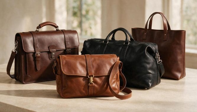 Briefcase, messenger bag, holdall, and crossbody in natural leather finishes.