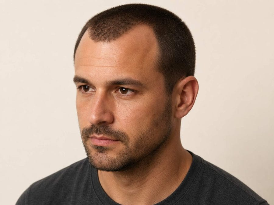 Buzz cut exposing a naturally receded temple hairline