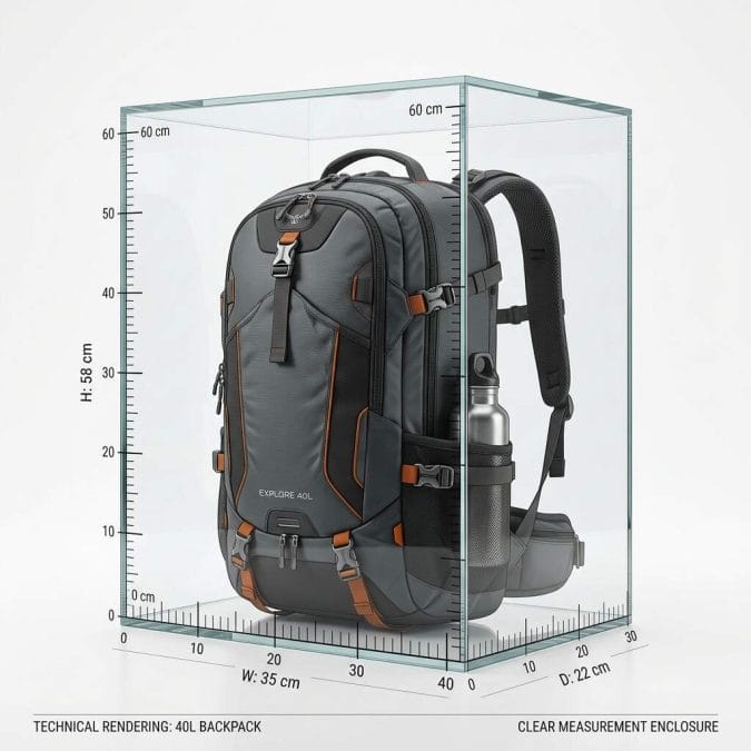 Carry-on backpack sizing diagram showing height, width, and depth measurement points with a note that airline limits vary and bags should be measured when fully packed.