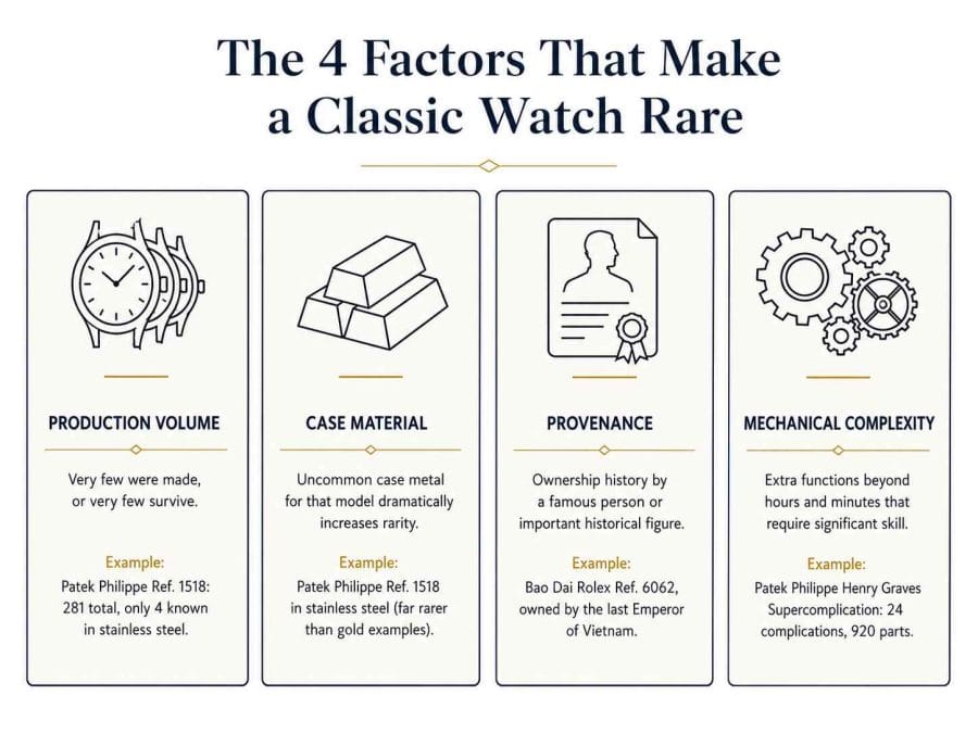 Four rarity factors for classic watches: production volume, case material, provenance, and mechanical complexity, with examples from well-known auction pieces. Rarest Classic Watches.