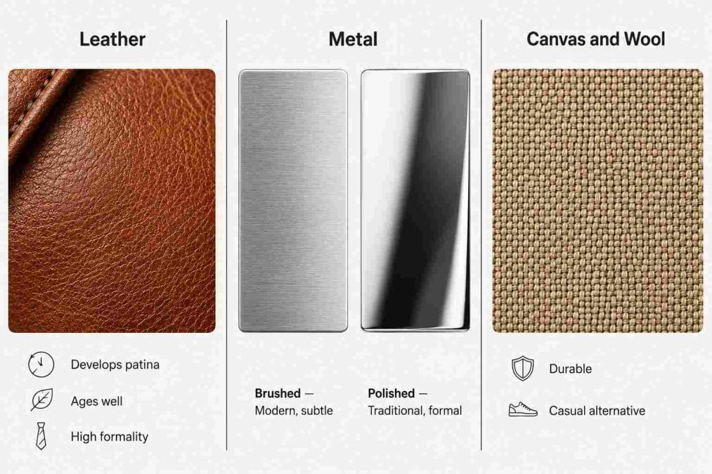 Comparison of leather, metal, and canvas or wool materials used in men's accessories, showing how they differ in finish, durability, and formality.
