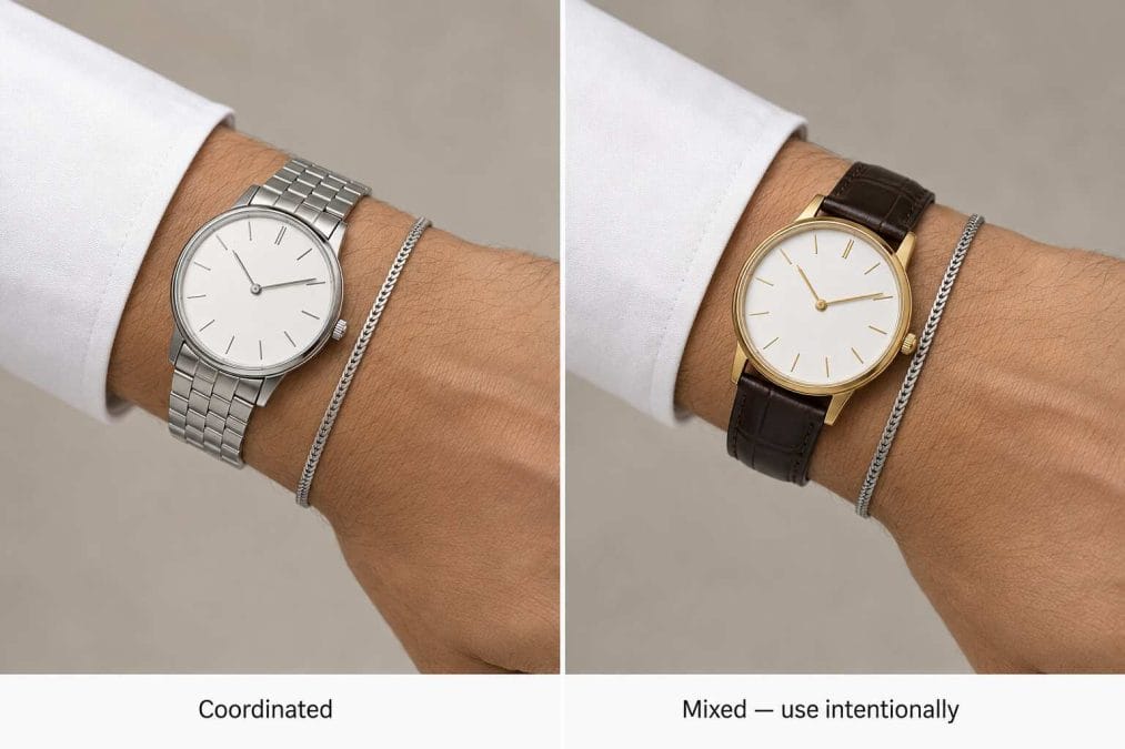 Comparison of coordinated silver-toned watch and bracelet versus a mixed gold watch and silver bracelet pairing