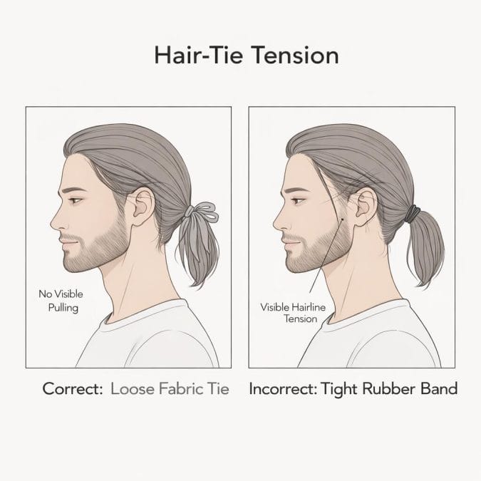 Comparison of a loose fabric hair tie versus a tight rubber band pulling on the hairline