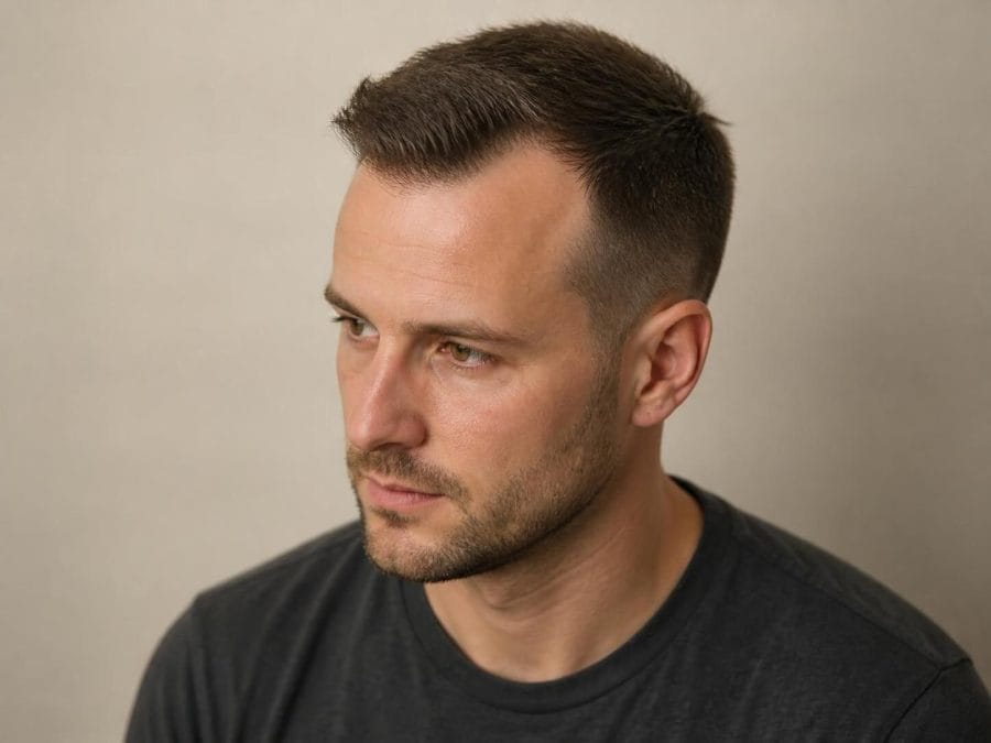 Crew cut with a slightly longer front and visible temple recession