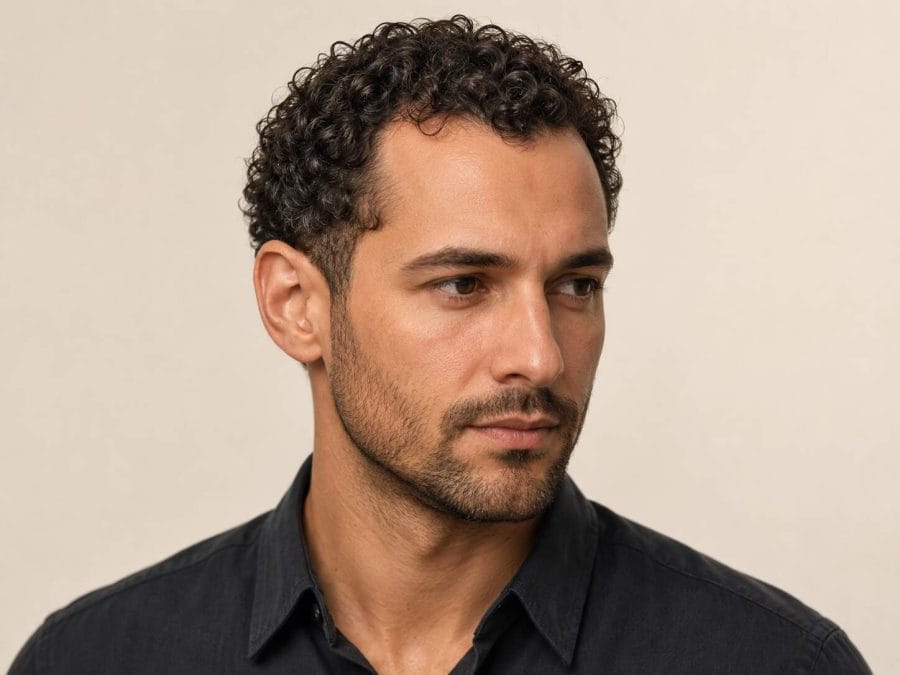 Curly crop using natural curl movement around receded temples