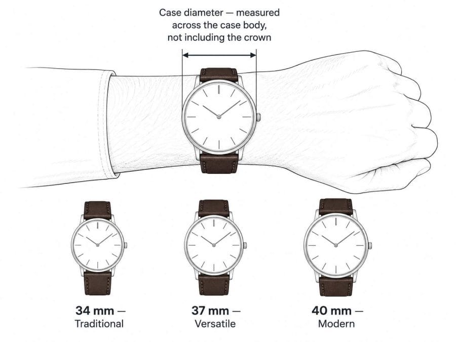 Dress watch sizing diagram showing how 34 mm, 37 mm, and 40 mm case diameters compare and where the case is measured