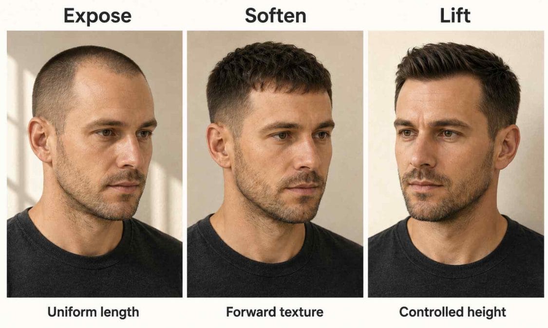 Exposed, softened, and lifted haircut approaches compared on receding hairlines