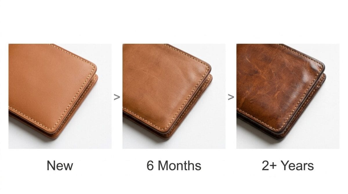 Three-stage leather comparison showing how the same item darkens and develops patina over time