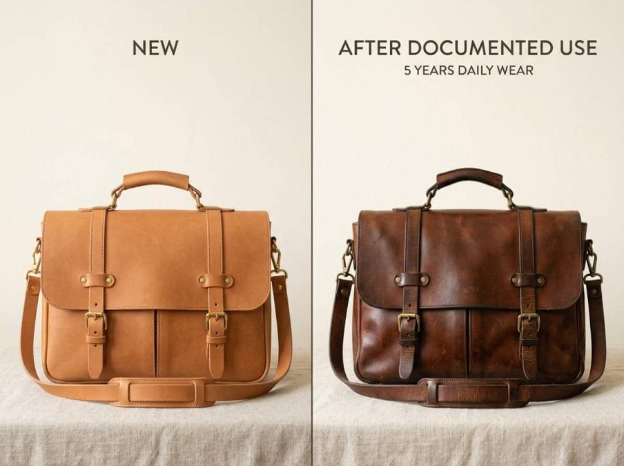 Full-grain leather compared when new and after use, showing deeper color and surface sheen.