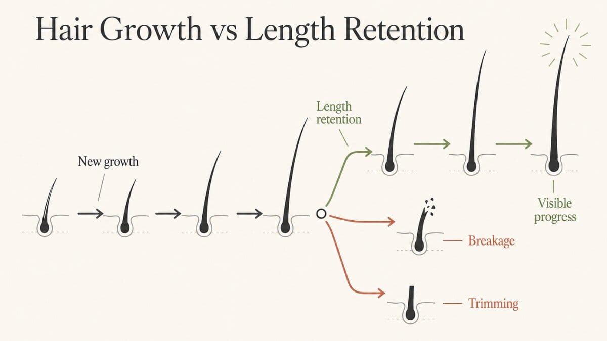 Diagram comparing scalp hair growth with visible length retained after breakage or trimming