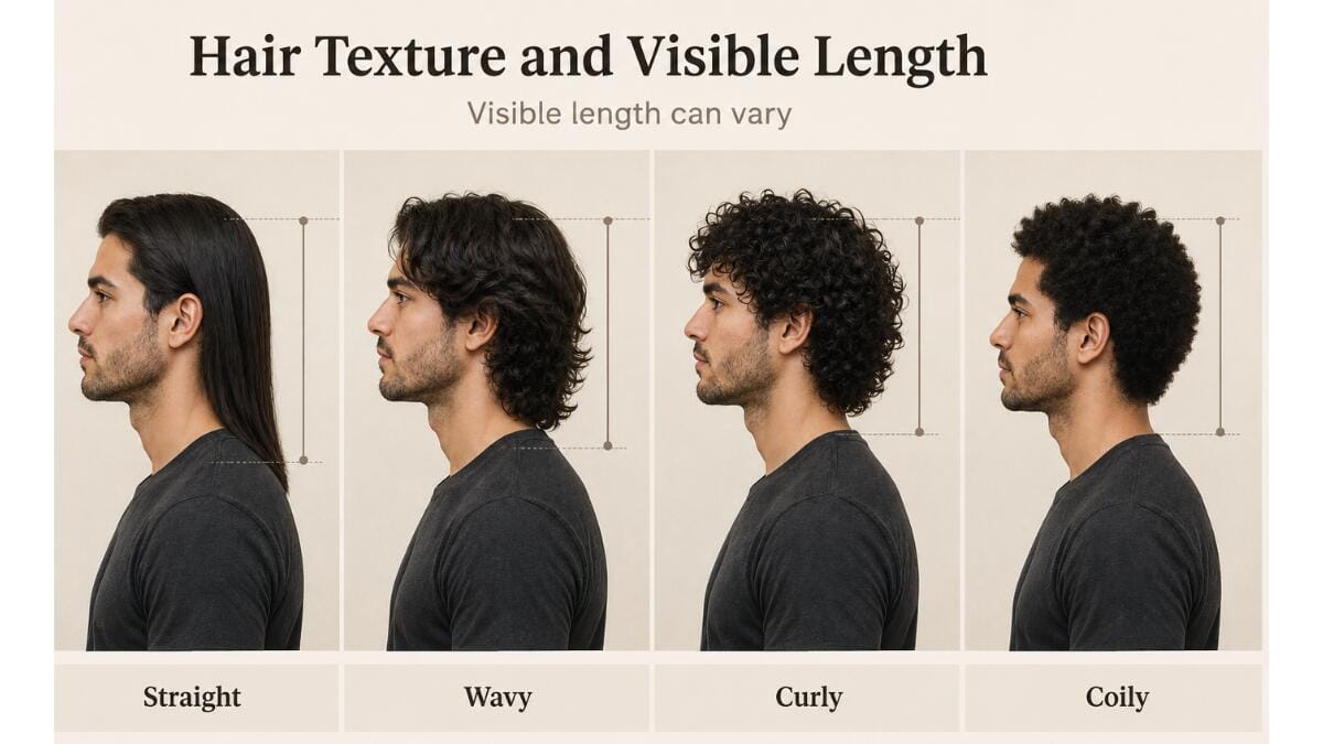 Comparison showing how straight, wavy, curly, and coily hair can display the same length differently